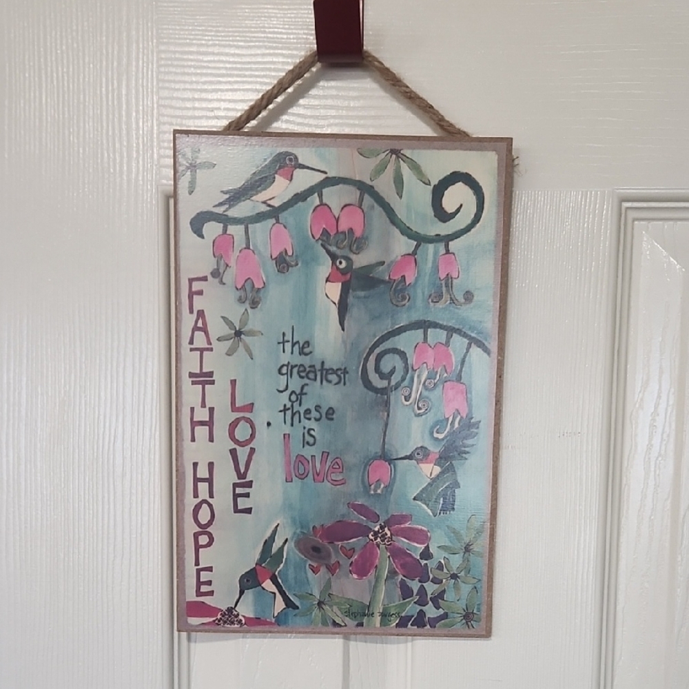 Faith Hope Love Floral Wall Plaque in Pink and Teal